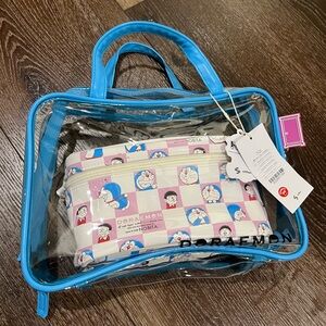 NWT Doraemon clear hand bag with pouch Blue and White Women's Bag Set